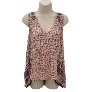 Patrons Of Peace Womens Rayon Pink Floral Boho Sleeveless V-Neck Top M